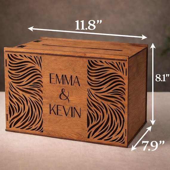 Aurora Personalized Wedding Card Box 11.8x7.9x8.1 Birch Wood Card Holder Walnut Finish, shown in an additional close-up listing view with visible shape and details.