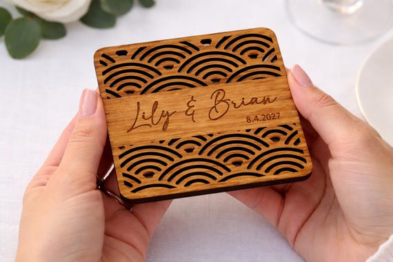 Seigaiha Waves Wedding Coaster (Style A) – Personalized Name & Date Favor