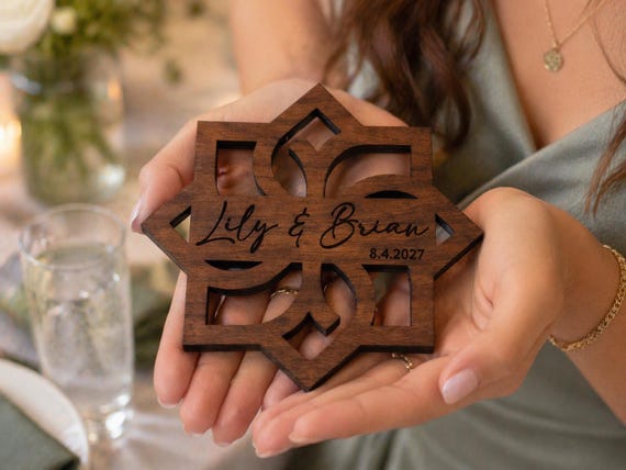 Petal Crest (Style A) Geometric Birch Coaster Gift, Personalized Wedding Coaster, Custom Name & Date Favor