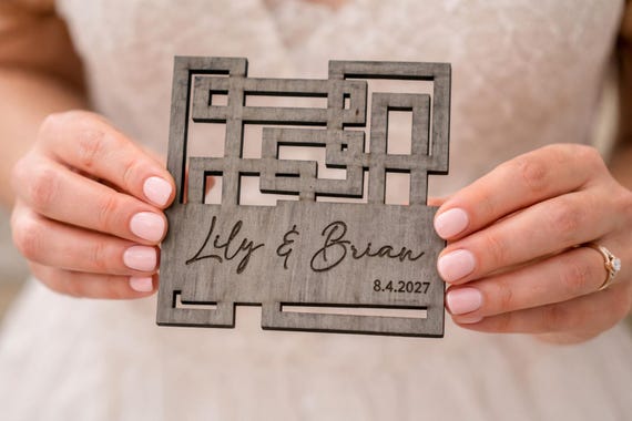 Modern Maze Personalized Geometric Wooden Coaster, Custom Wedding Favor, Modern Reception Decor