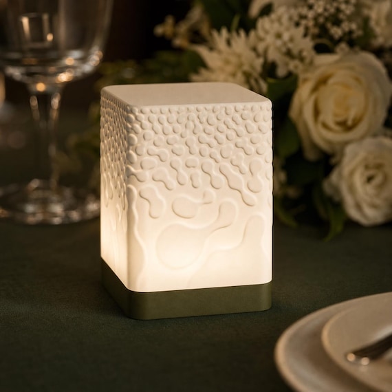 VowLume mini tealight lamp with Dark Green base and Ivory White shade at an evening reception