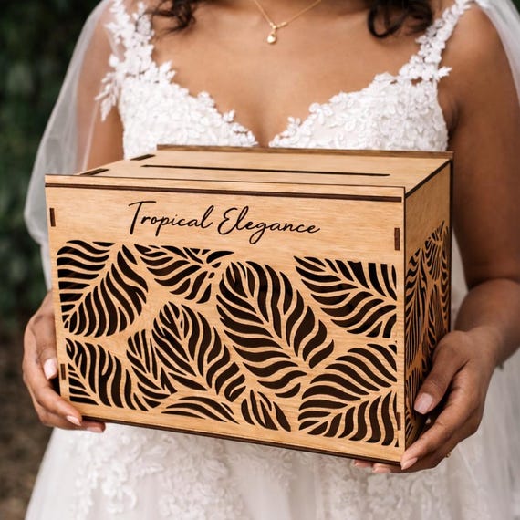 Tropical Leaf Personalized Wedding Card Box 11.8x7.9x8.1 Custom Engraved Birch Card Holder, shown in listing image 4 with additional visible details or options.