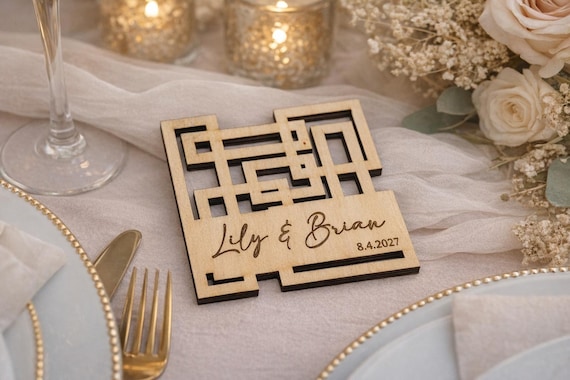 Modern Maze Personalized Geometric Wooden Coaster, Custom Wedding Favor, Modern Reception Decor, shown in an additional close-up listing view with visible shape and details.