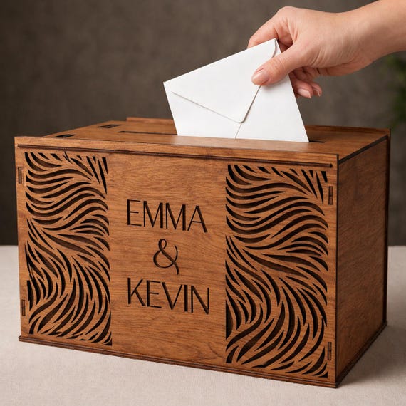 Aurora Personalized Wedding Card Box 11.8x7.9x8.1 Birch Wood Card Holder Walnut Finish