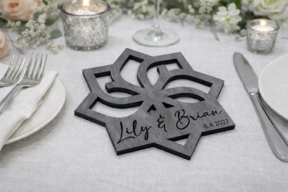 Petal Crest (Style B) Personalized Wedding Coaster, Custom Name & Date Favor, Geometric Birch Coaster Gift, shown in another listing view highlighting visible design details.