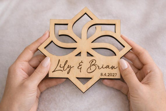 Petal Crest (Style B) Personalized Wedding Coaster, Custom Name & Date Favor, Geometric Birch Coaster Gift