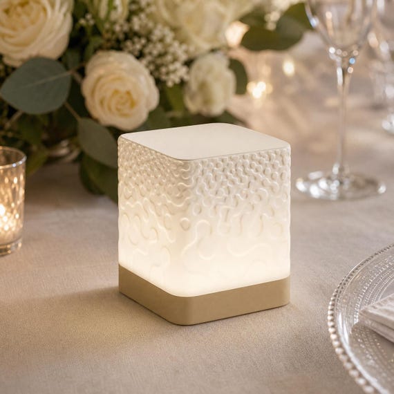 VowLume Mini LED Tealight Lamp, Wedding Table Centerpiece, Organic Relief Reception Decor, Choose Base and Shade Colors