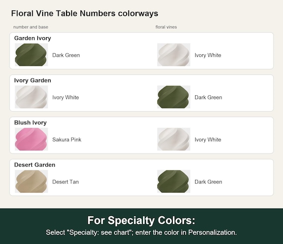 Named colorway swatch showing each option. For Specialty Colors: Select "Specialty: see chart"; enter the color in Personalization.