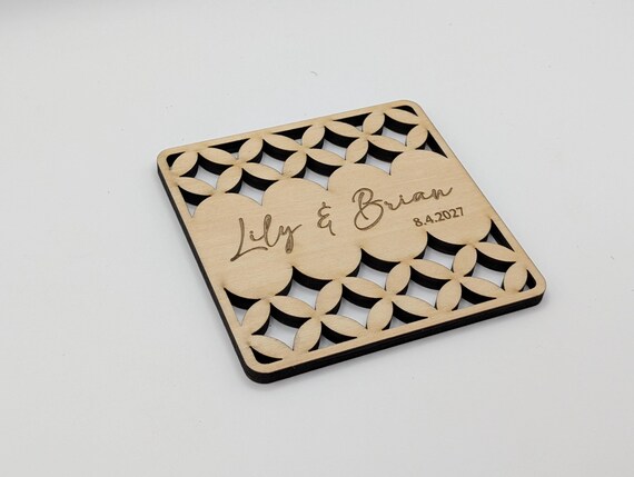 Lattice Bloom Personalized Wedding Coaster, Custom Names & Date, Birch Wood Favor, Elegant Table Decor, shown in another listing view highlighting visible design details.