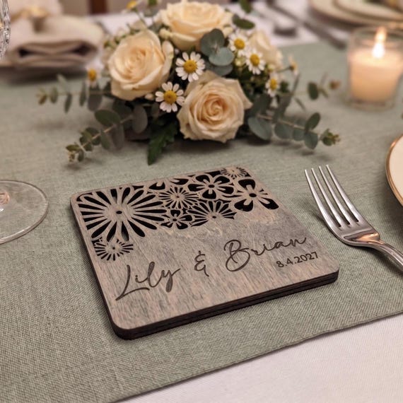 Wildflower Lace Personalized Wooden Wedding Coaster, Laser Cut Floral Design, Custom Name Date Keepsake
