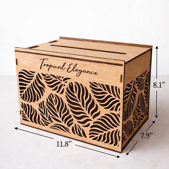Tropical Leaf Personalized Wedding Card Box 11.8x7.9x8.1 Custom Engraved Birch Card Holder, shown in an additional close-up listing view with visible shape and details.
