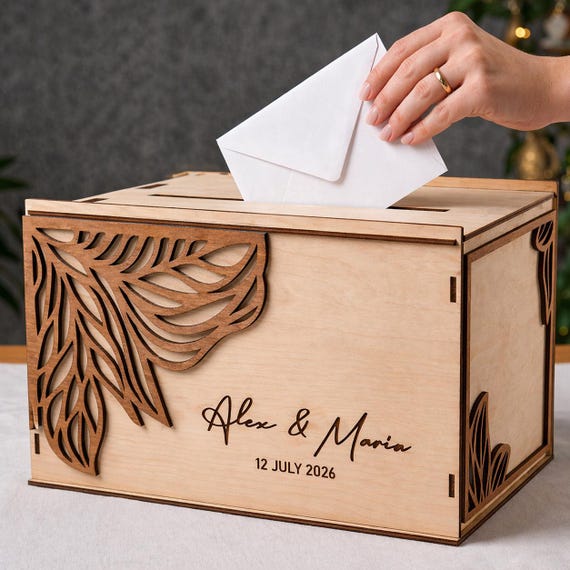 Nature's Personalized Wedding Card Box 11.8x7.9x8.1 Birch Wood Keepsake with Walnut Detail