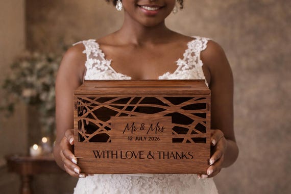 Woodland Personalized Wedding Card Box 11.8x7.9x8.1 Birch Walnut Stain, shown in another listing view highlighting visible design details.