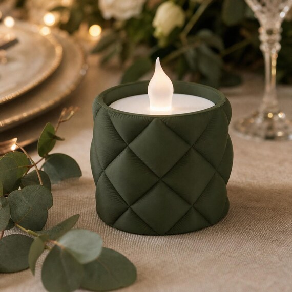 Dark Green tall VowLoom quilted LED tealight holder in a botanical wedding table setting