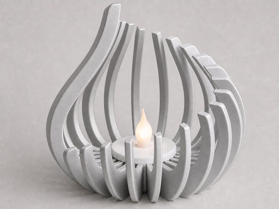 Silver FlareNest wedding centerpiece from a raised angle showing the fitted LED tealight and open ribs