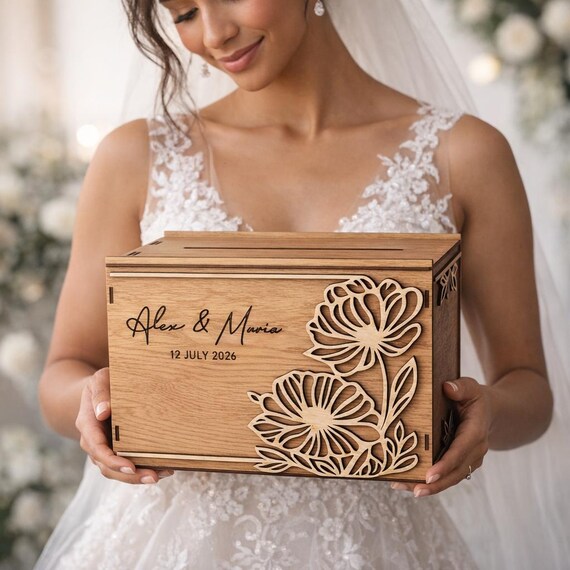 Floral Wedding Card Box 11.8x7.9x8.1 Teak Stained Birch Personalized Card Holder, shown in listing image 4 with additional visible details or options.