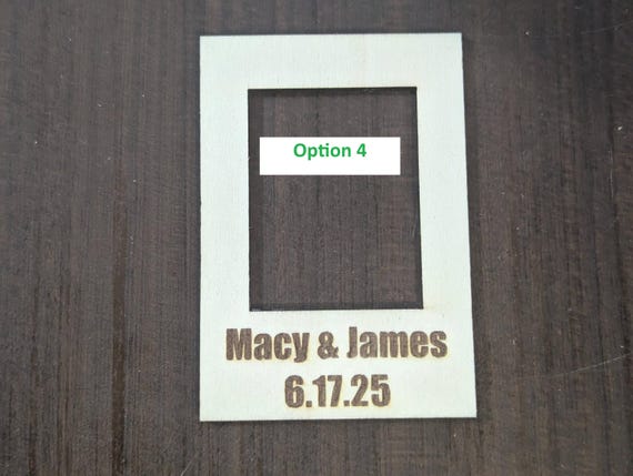 Close-up example of font choice four engraved on a personalized birch mini photo frame magnet.