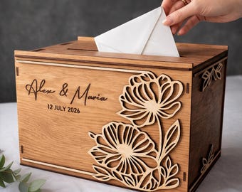 Floral Wedding Card Box 11.8x7.9x8.1 Teak Stained Birch Personalized Card Holder