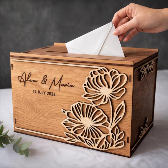Floral Wedding Card Box 11.8x7.9x8.1 Teak Stained Birch Personalized Card Holder