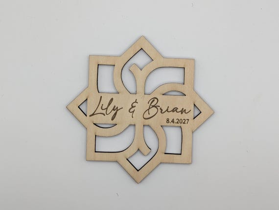 Petal Crest (Style A) Geometric Birch Coaster Gift, Personalized Wedding Coaster, Custom Name & Date Favor, shown in listing image 5 with additional visible details or options.