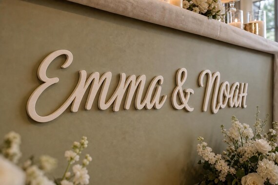 Vowline Raised Letter Set spelling Emma and Noah behind a sweetheart table, with dimensional sidewalls visible.
