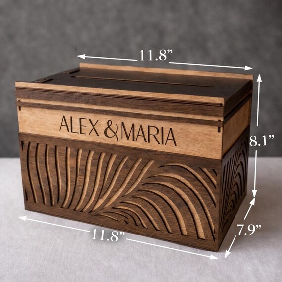 Palm Breeze Wedding Card Box, Engraved Card Holder with Walnut Finish, shown in an additional close-up listing view with visible shape and details.