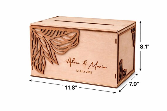 Nature's Personalized Wedding Card Box 11.8x7.9x8.1 Birch Wood Keepsake with Walnut Detail, shown in an additional close-up listing view with visible shape and details.