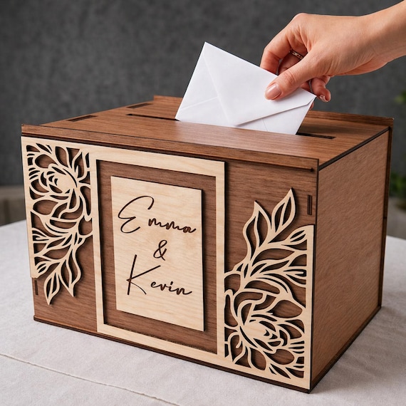 Floral Birch Wood Wedding Card Box: Customizable Walnut Finish, Elegant (11.8 x 7.9 x 8.1)