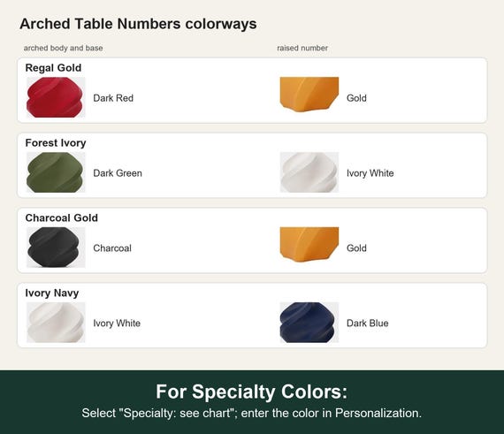 Named colorway swatch showing each option. For Specialty Colors: Select "Specialty: see chart"; enter the color in Personalization.