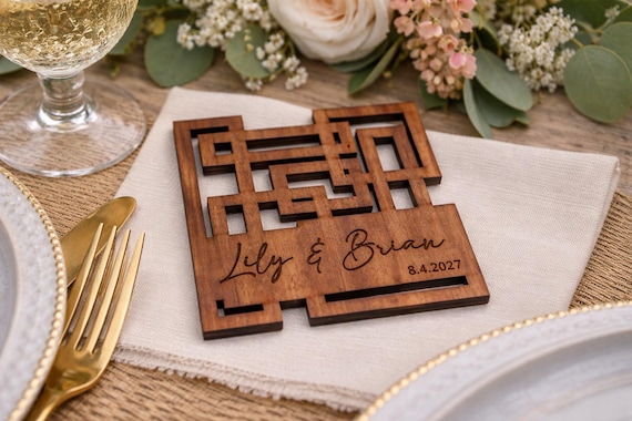Modern Maze Personalized Geometric Wooden Coaster, Custom Wedding Favor, Modern Reception Decor, shown in another listing view highlighting visible design details.