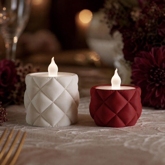 Ivory White and Dark Red VowLoom quilted LED tealight holders on an evening reception table