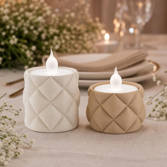 VowLoom Quilted LED Tealight Holder, Wedding Centerpiece, Reception Table Decor, 2 Silhouettes, 25 Matte Colors