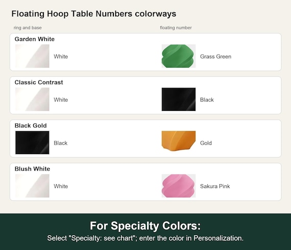 Named colorway swatch showing each option. For Specialty Colors: Select "Specialty: see chart"; enter the color in Personalization.