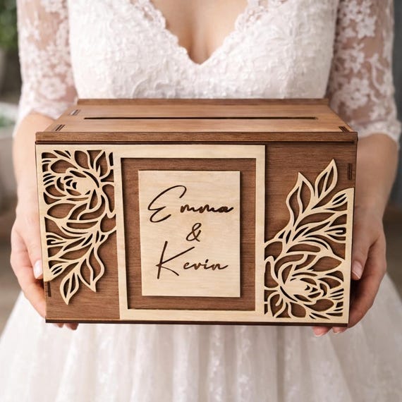 Floral Birch Wood Wedding Card Box: Customizable Walnut Finish, Elegant (11.8 x 7.9 x 8.1), shown in another listing view highlighting visible design details.