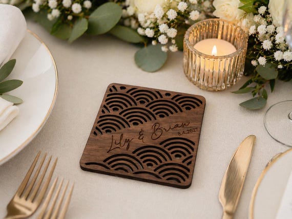 Seigaiha Waves Wedding Coaster (Style B) – Personalized Name & Date Favor, shown in an additional close-up listing view with visible shape and details.
