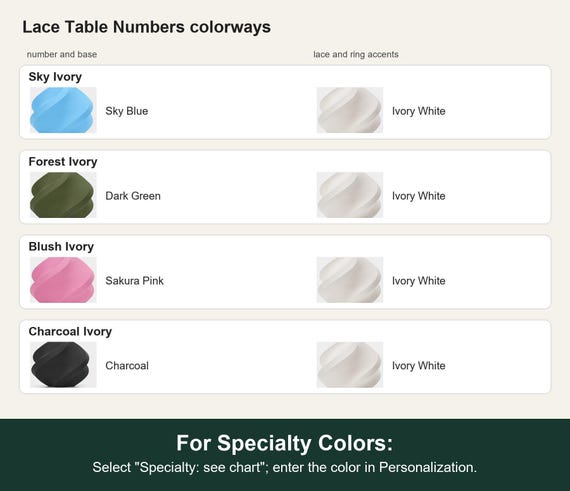 Named colorway swatch showing each option. For Specialty Colors: Select "Specialty: see chart"; enter the color in Personalization.