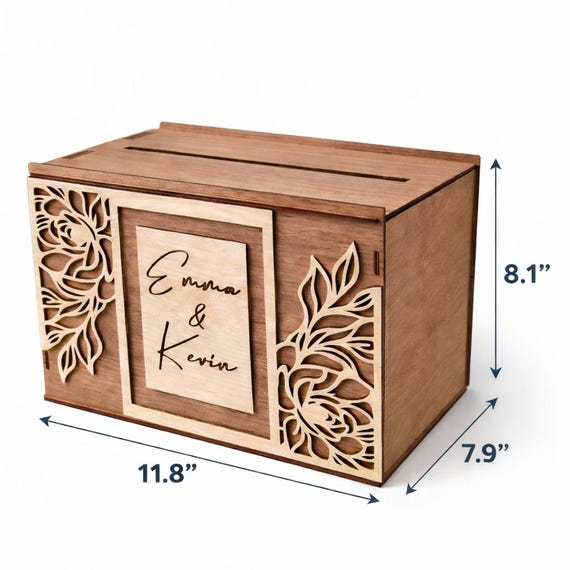 Floral Birch Wood Wedding Card Box: Customizable Walnut Finish, Elegant (11.8 x 7.9 x 8.1), shown in an additional close-up listing view with visible shape and details.