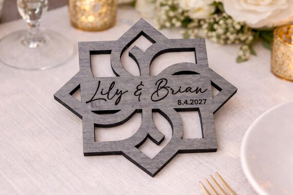Petal Crest (Style A) Geometric Birch Coaster Gift, Personalized Wedding Coaster, Custom Name & Date Favor, shown in an additional close-up listing view with visible shape and details.