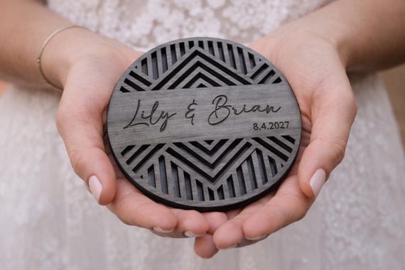 Modern Chevron Cut Wedding Coaster • Personalized Names & Date • Custom Wedding Favor • Geometric Birch Keepsake