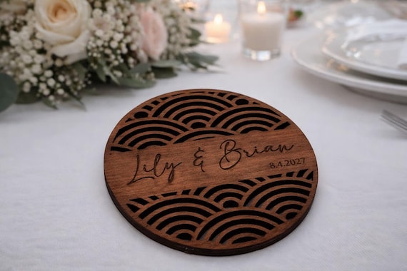 Seigaiha Waves Wedding Coaster (Style C) – Personalized Name & Date Favor, shown in an additional close-up listing view with visible shape and details.
