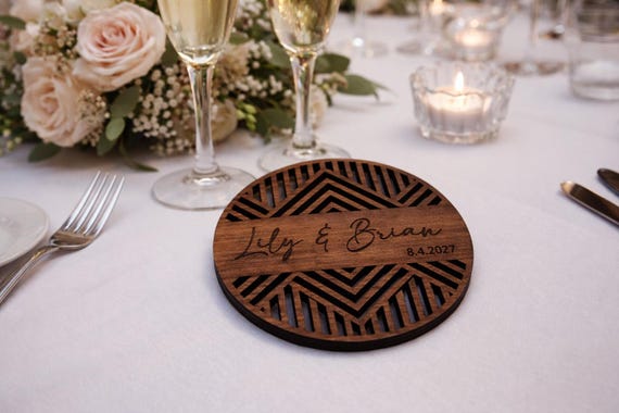 Modern Chevron Cut Wedding Coaster • Personalized Names & Date • Custom Wedding Favor • Geometric Birch Keepsake, shown in an additional close-up listing view with visible shape and details.