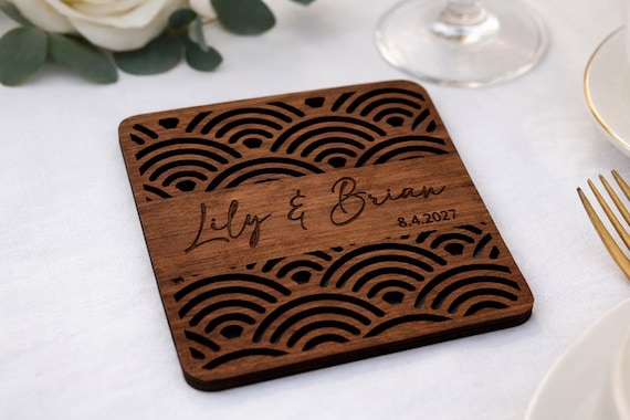 Seigaiha Waves Wedding Coaster (Style A) – Personalized Name & Date Favor, shown in an additional close-up listing view with visible shape and details.