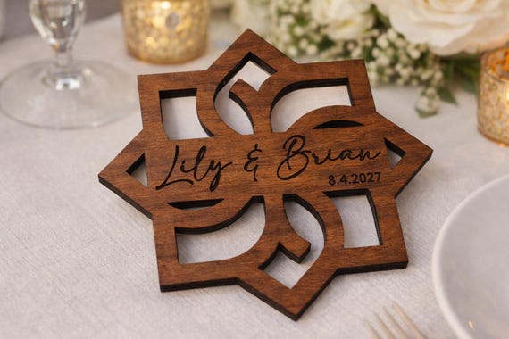 Petal Crest (Style A) Geometric Birch Coaster Gift, Personalized Wedding Coaster, Custom Name & Date Favor, shown in another listing view highlighting visible design details.