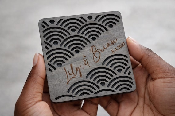Seigaiha Waves Wedding Coaster (Style B) – Personalized Name & Date Favor