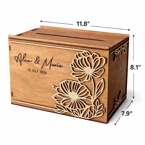 Floral Wedding Card Box 11.8x7.9x8.1 Teak Stained Birch Personalized Card Holder, shown in an additional close-up listing view with visible shape and details.