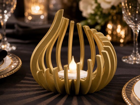 Gold FlareNest LED tealight holder glowing on a formal gala event table