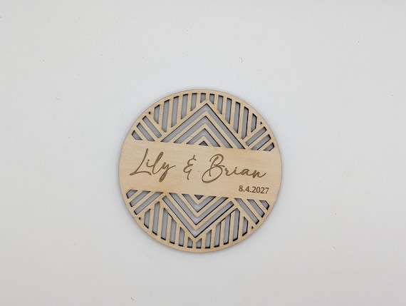 Modern Chevron Cut Wedding Coaster • Personalized Names & Date • Custom Wedding Favor • Geometric Birch Keepsake, shown in another listing view highlighting visible design details.