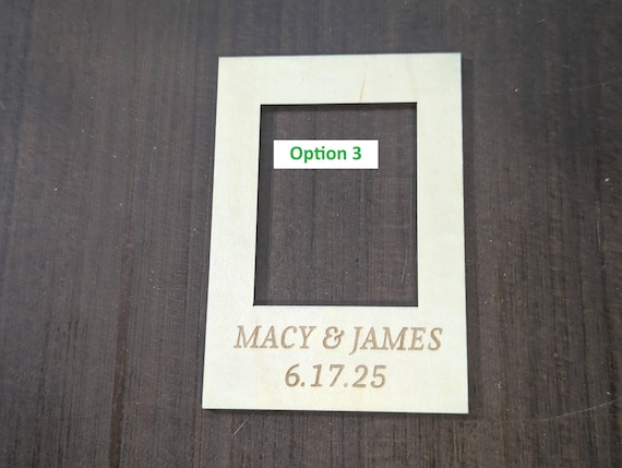 Close-up example of font choice three engraved on a personalized birch mini photo frame magnet.