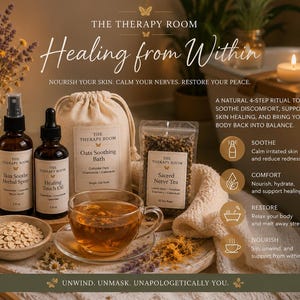 Healing Reset Bundle | Herbal Tea| Skin Soothe Spray | Healing Touch Oil & Oats Bath Soak | Self Care Gift Set | Skin Wellness