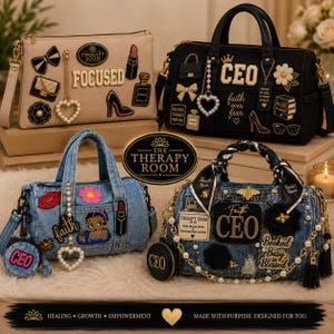 May include: Four handbags featuring various decorative patches and charms. One beige clutch, one black satchel, and two blue denim bags. The bags are adorned with text including "FOCUSED", "CEO", "faith", and "Booked Busy Blessed", along with icons like hearts, flowers, and shoes.